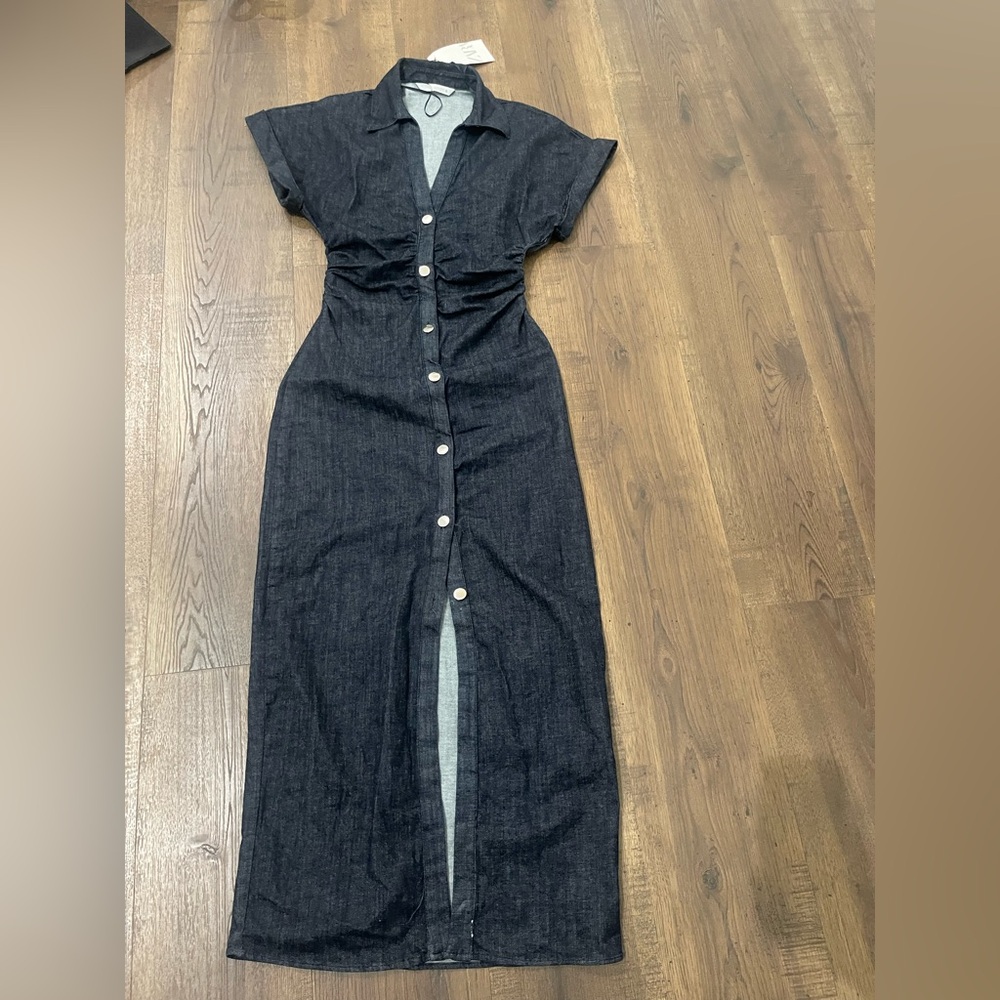 Zara Black Button-Front Denim Maxi Dress